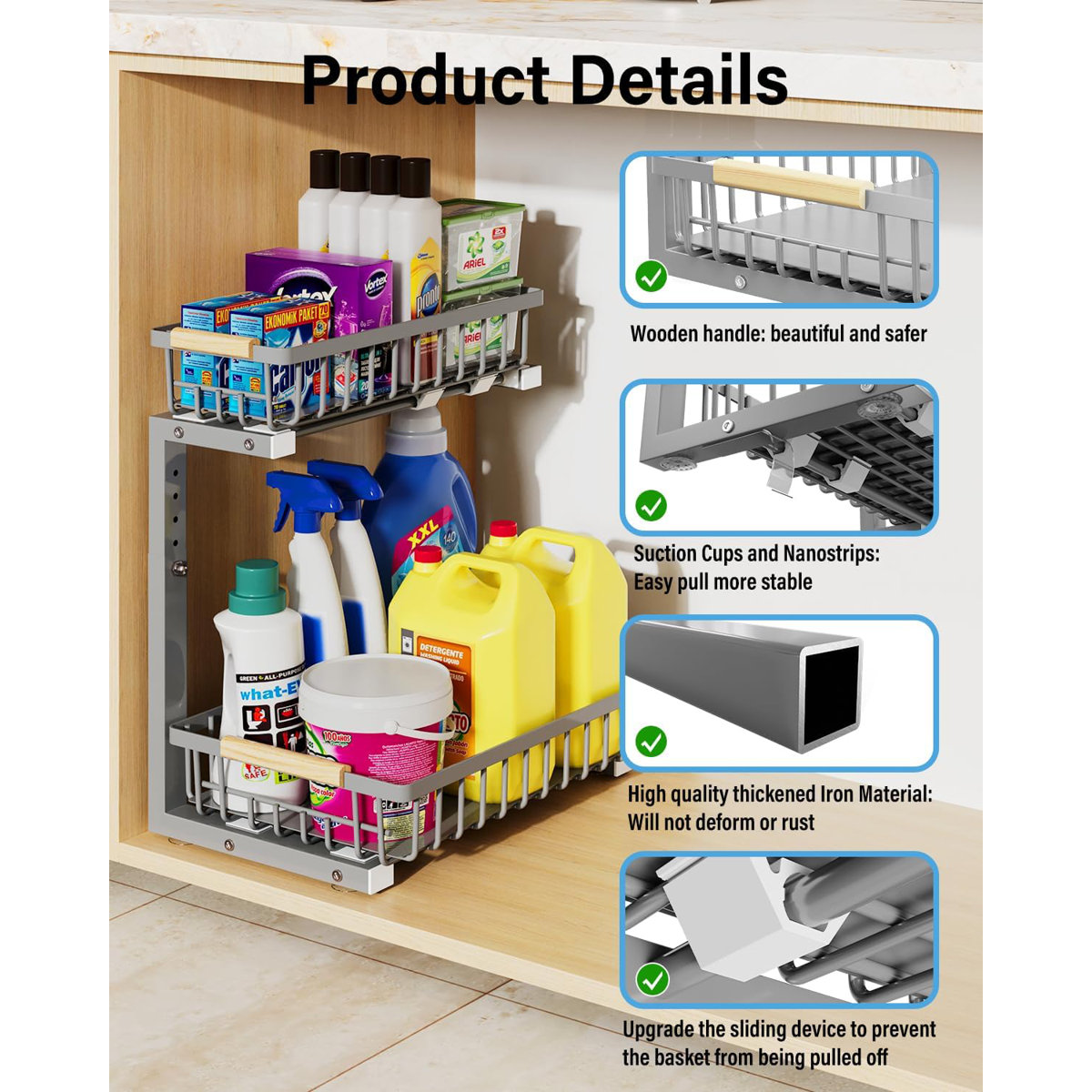 Under Sink Organizer, 2 Tier Under Sink Organizers And Storage Sliding 2 Tier Rack Metal Organization Under Counter Kitchen Bathroom